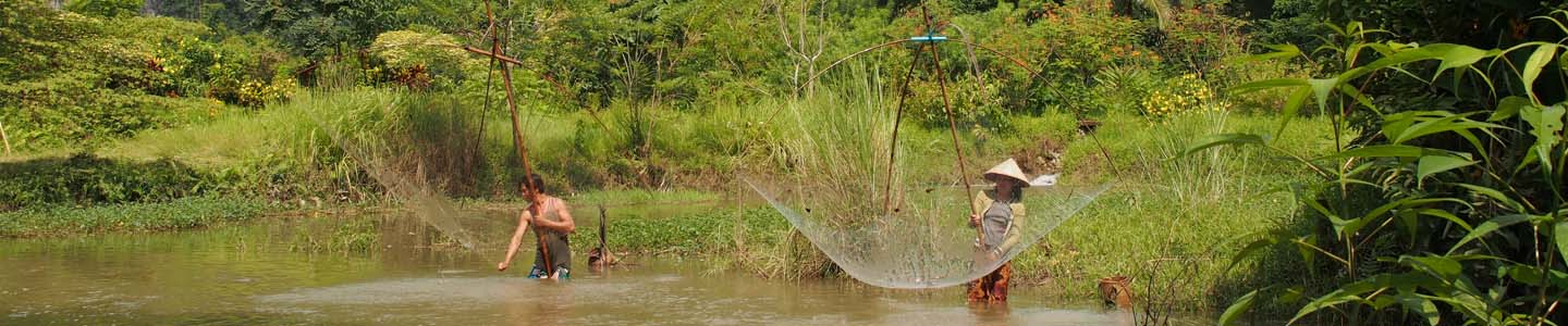 Instant de pêche au filet dans une rivière du Nord du Laos, Frangipanier artisanat des villages