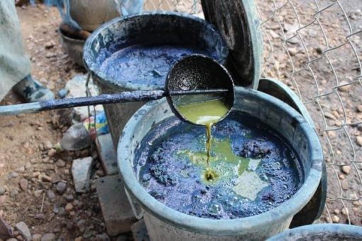 Artisanat authentique et équitable, dans un village du Laos, teinture naturelle indigo du coton